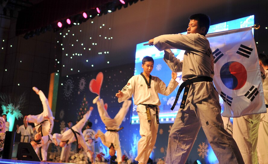 A member of a tae kwon do group flourishes a Republic of Korea flag during the 60th Anniversary of the ROK and U.S. alliance concert at the Ichung Sports Cultural Center in Pyeongtaek-si, ROK, Dec. 18, 2013. The group’s finale featured flags from both the U.S. and the ROK along with martial arts maneuvers. (U.S. Air Force photo/Airman 1st Class Ashley J. Thum)