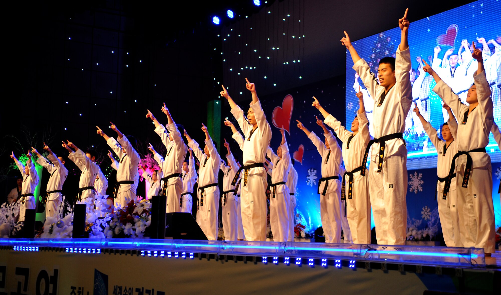 A group of tae kwon do performers hails the audience during the opening of the 60th Anniversary of the Republic of Korea and U.S. alliance concert at the Ichung Sports Cultural Center in Pyeongtaek-si, ROK, Dec. 18, 2013. The concert was designed to commemorate the milestone in the two nations’ partnership and entertain the service members and their families that work to strengthen it. (U.S. Air Force photo/Airman 1st Class Ashley J. Thum)