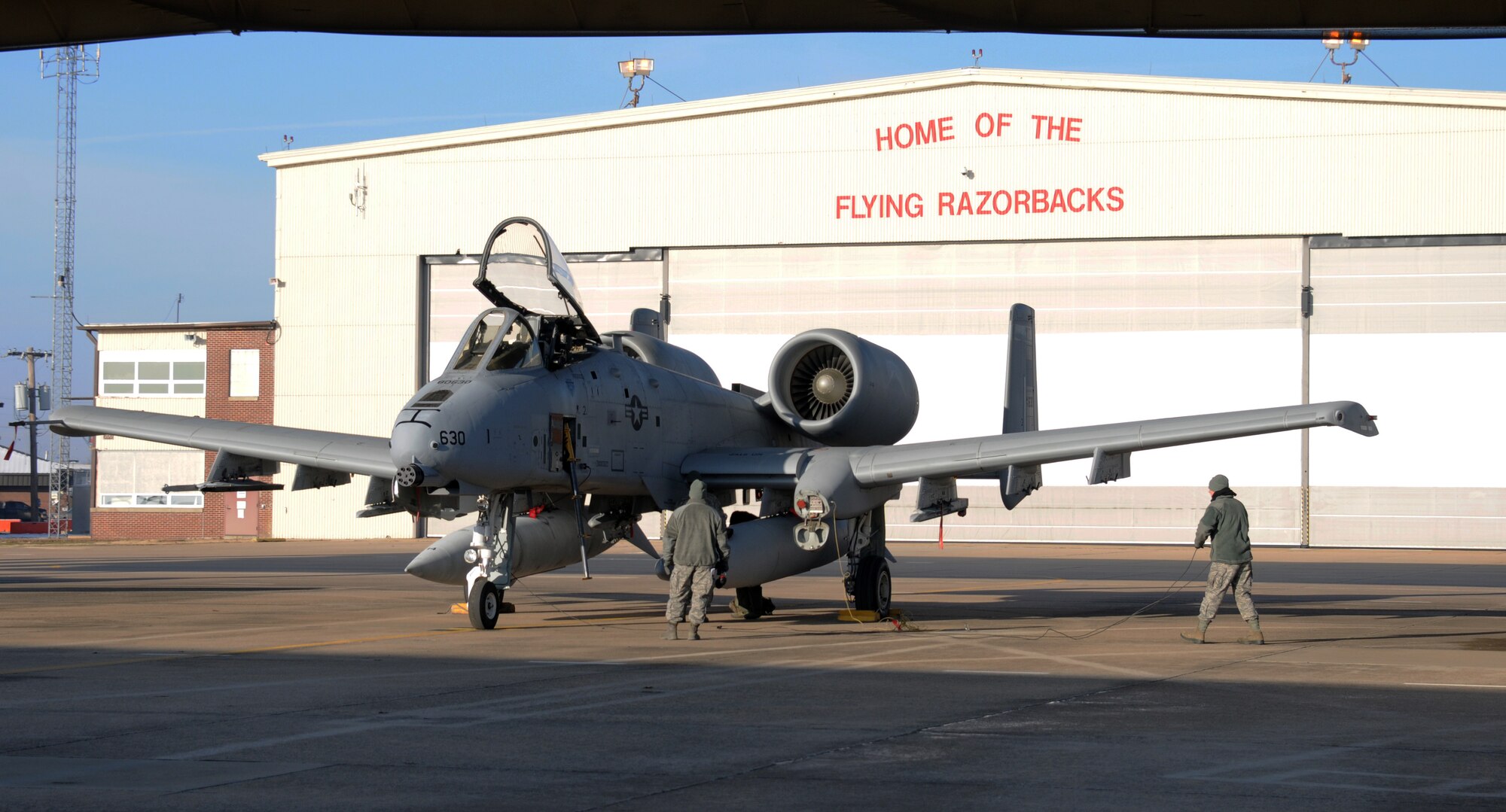 Crew chiefs with the 188th Aircraft Maintenance Squadron prep an A-10C Thunderbolt II "Warthog" for departure to Moody Air Force Base, Ga., Dec. 12, 2013. Tail Nos. 0630 and 0166 were transferred from the 188th's Ebbing Air National Guard Base, Fort Smith, Ark., as part of the wing’s on-going conversion from a fighter mission to remotely piloted aircraft and Intelligence mission, which will include a space-focused targeting squadron. (U.S. Air National Guard photo by Tech Sgt. Josh Lewis/188th Fighter Wing Public Affairs)