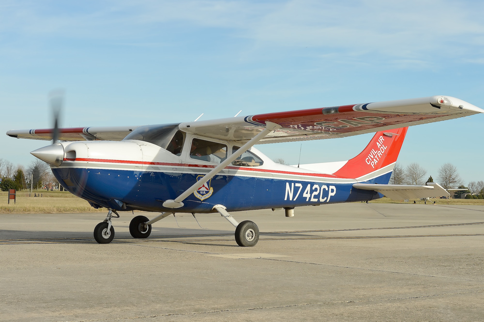 Col. Rick Moore, 436th Airlift Wing commander, taxis a Civil Air Patrol Cessna 182T aircraft toward the Dover Air Force Base, Del., runway on Dec. 19, 2013. Colonel Moore's participation was part of a familiarization flight with CAP, the official United States Air Force Auxiliary, to help him better understand the auxiliaries role in airborne search and rescue. (U.S. Air Force photo/Greg L. Davis)