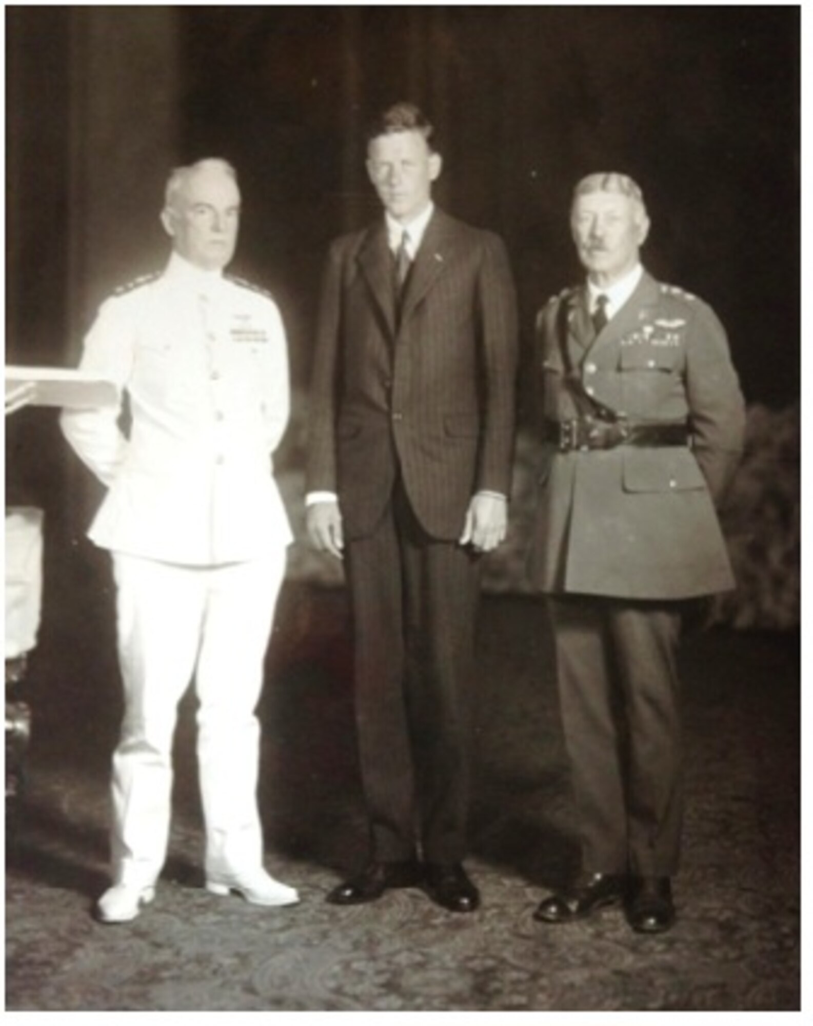 General Patrick poses for a photo with Admiral William Moffett, left,  and Charles "Lucky Lindy" Lindberg.
