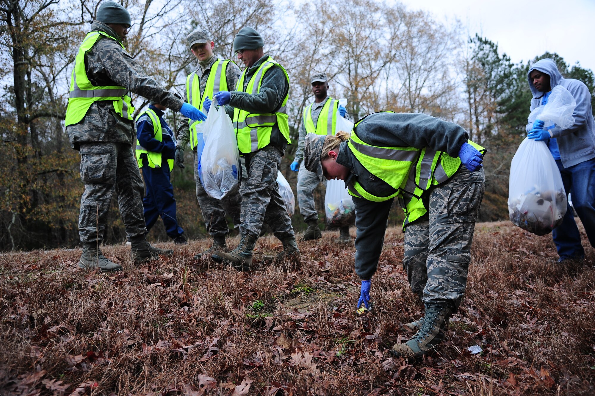 Despite the freezing temperatures, Airmen from Columbus Air Force Base volunteered their time at the Happy Irby Parkway Cleanup Dec. 10. Once a month, different groups around base donate their time to ensure that the Parkway named after George “Happy” Irby stays clean. (U.S. Air Force Photo/Airman 1st Class Daniel Lile)