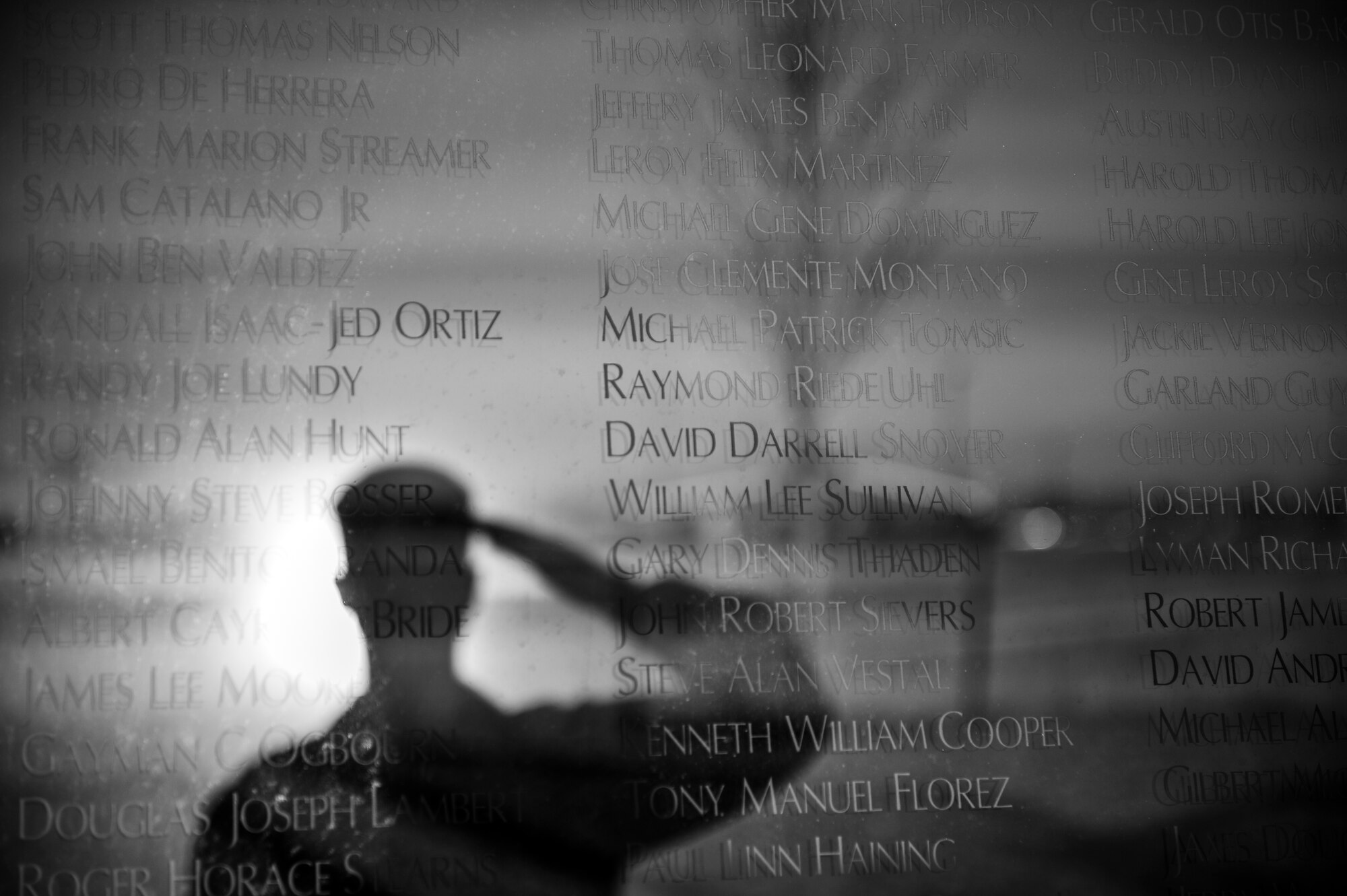 An Airman renders a salute to the names of fallen and missing in action Colorado veterans at the Colorado Freedom Memorial Dec. 12, 2013, in Springhill Community Park in Aurora, Colo. The Colorado Freedom Memorial is the first monument in the country to honor all service members from one state who were killed or missing in action from the Spanish-American war to the present. (U.S. Air Force photo by Senior Airman Riley Johnson/Released)