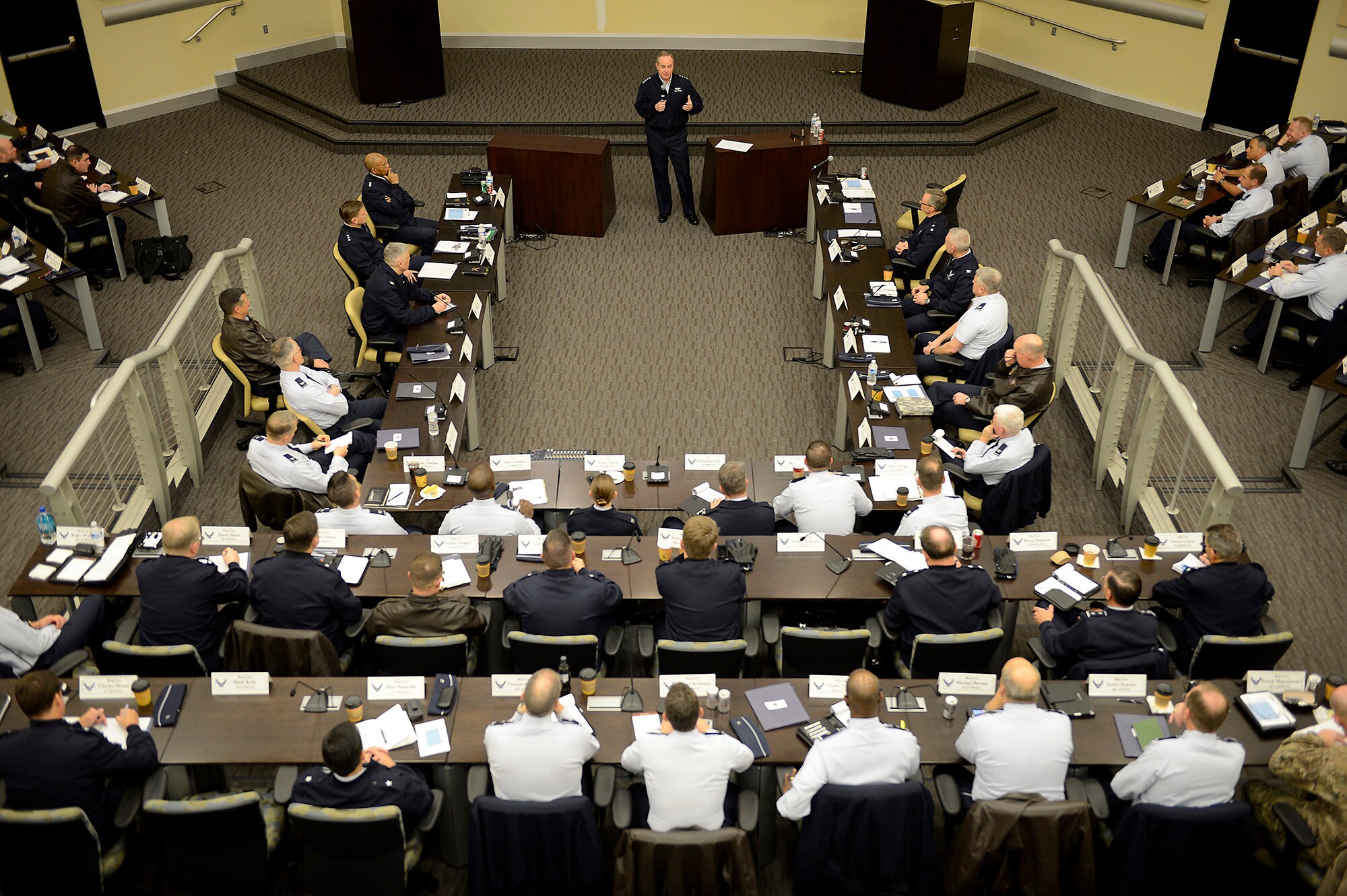 Air Force Chief of Staff Gen. Mark A. Welsh III talks with wing commanders from around the Air Force, Air National Guard and Air Force Reserve wings during the Sexual Assault Prevention summit he hosted at Joint Base Andrews, Md., Dec. 12, 2013. Wing commanders, command chiefs and sexual assault response coordinators from across the Air Force attended the two-day event, which included discussion from senior leaders, sexual assault victims and industry experts. 