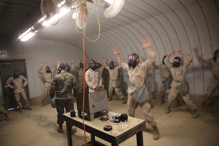 Marines of Company A, 1st Recruit Training Battalion, do jumping jacks in the Confidence Chamber at Edson Range aboard Marine Corps Base Camp Pendleton, Dec. 9. Marines performed exercises to bring up their heart rates, simulating combat stress, while in the chamber.