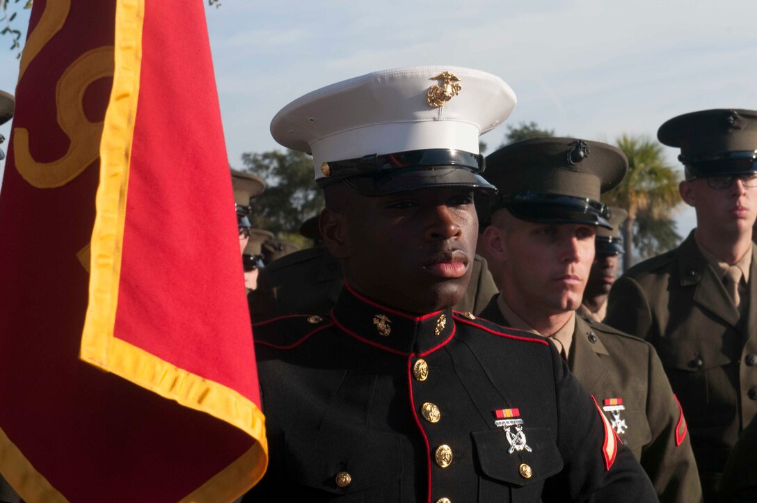 PARRIS ISLAND, S.C. - Pfc. Kyle Poellnitz, honor graduate for platoon 1097, stands at parade rest before graduation here, Dec. 20, 2013. Poellnitz, a native of Jackson, Ala. was recruited by Sgt. Ricky T. Bergman, a recruiter from Recruiting Substation Mobile, Recruiting Station Montgomery. Poellnitz will be able to enjoy some much deserved leave with his family as he prepares for Marine combat training in Camp Geiger, N.C. (U.S. Marine Corps photo by Lance Cpl. Stanley Cao)