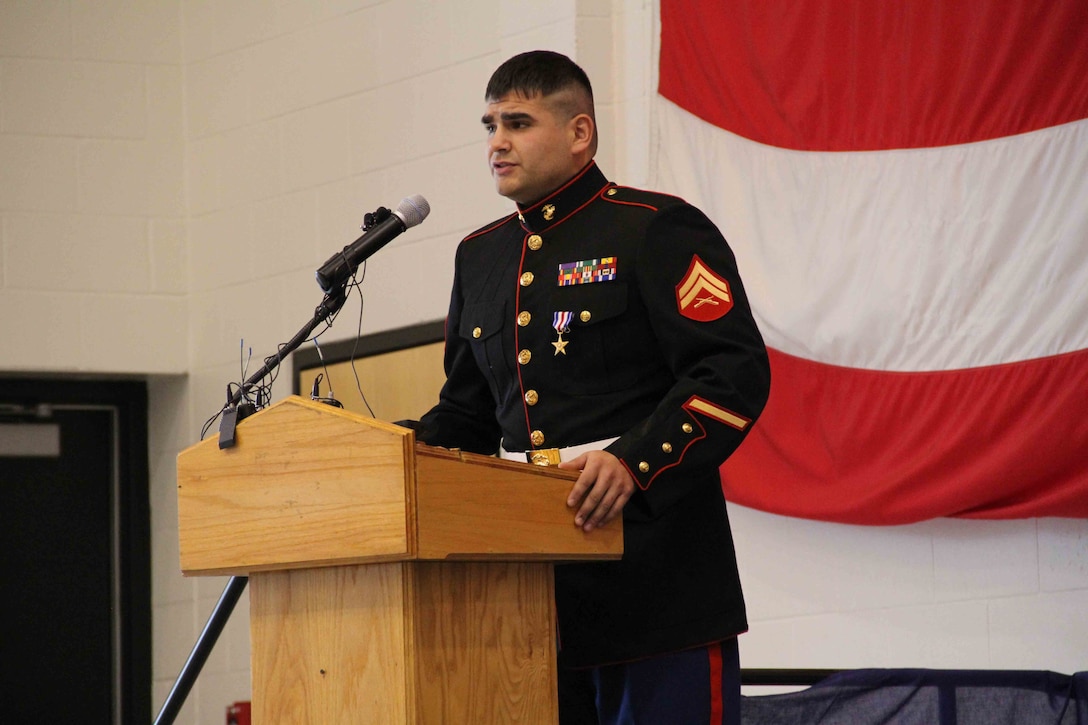Cpl. Ethan Nagel, a Prior Lake, Minn. native, speaks to the audience after having received the Silver Star, Dec. 17, for his actions in Afghanistan.