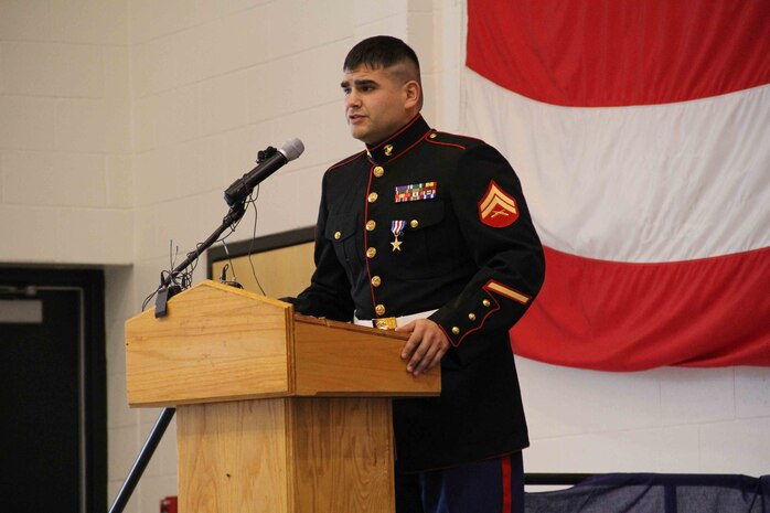 Cpl. Ethan Nagel, a Prior Lake, Minn. native, speaks to the audience after having received the Silver Star, Dec. 17, for his actions in Afghanistan.