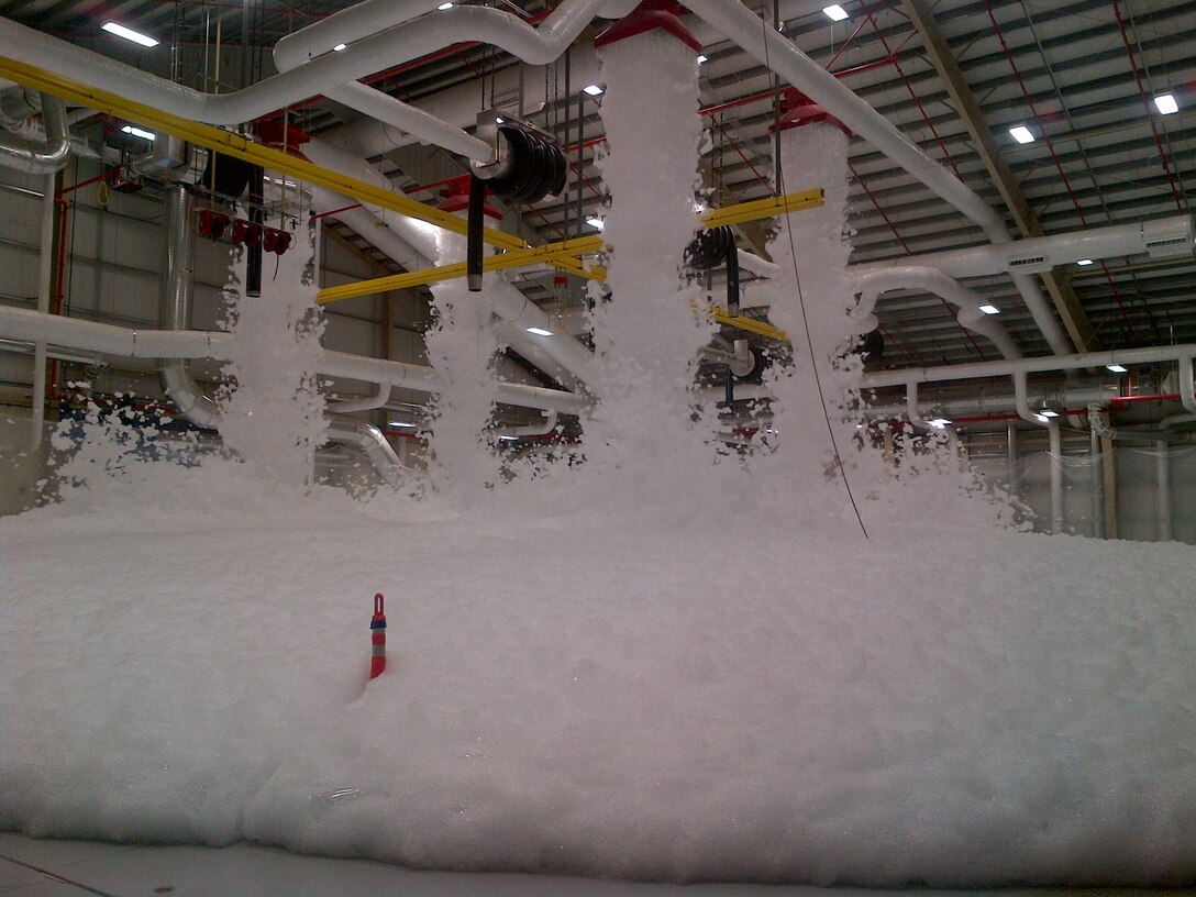 KIRTLAND AIR FORCE BASE, N.M., -- Entry in the District's 2013 Photo Drive. Photo by Jacob Chavez, Aug. 21, 2013. "Fire Suppression High Expansion Foam Test for Fuel Cell Maintenance Facility"