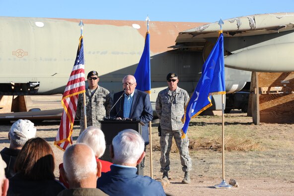 Retired U.S. Air Force General Earl O'Loughlin speaks during "The final elimination of a B-52G" ceremony at the 309th Aerospaace Maintenance and Regeneration Group, Davis-Monthan Air Force Base, Ariz., Dec. 19, 2013. The B-52G was retired to the 309th AMARG, "The Boneyard," in February of 1990. (U.S Air Force photo by Staff Sgt. Angela Ruiz/released)