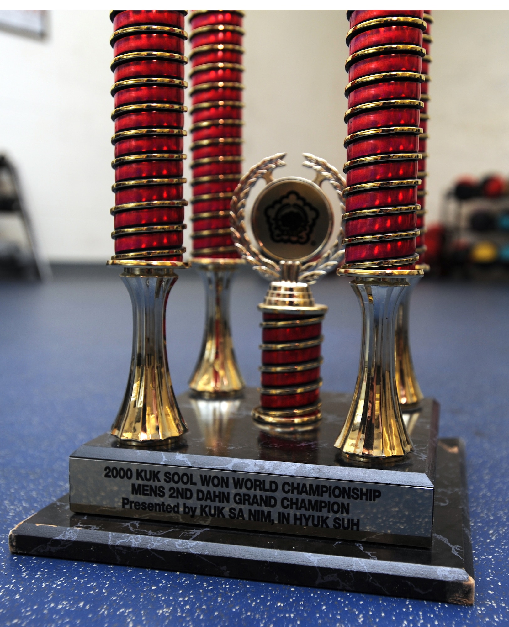 A trophy sits on the floor at the Aderholt Gym on Hurlburt Field, Fla, Dec. 2, 2013. The trophy states retired Master Sgt. Amado Garcia, who was previously assigned to the 96th Aircraft Maintenance Squadron, Eglin Air Force Base, Fla., as the Kuk Sool Won Grand Champion. Garcia said his biggest accomplishment was earning the title of Kuk Sool Won undisputed world champion as a black belt in 2000. (U.S. Air Force photo/Senior Airman Kentavist P. Brackin) 