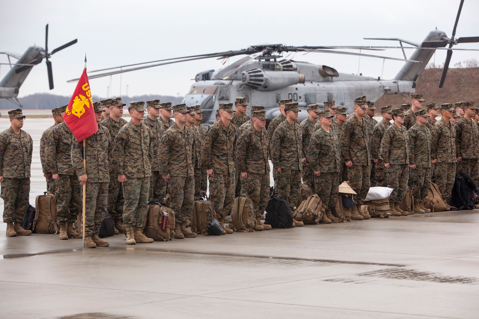 Marines from Marine Heavy Helicopter Squadron (HMH) 772 Detachment 1 return from a six-month deployment to Marine Corps Air Station Futenma, Japan, as part of the Marine Forces Reserve's participation in the Unit Deployment Program Dec. 5, 2013, on Joint Base McGuire-Dix-Lakehurst, N.J. The Marines were greeted by waiting families and friends as soon as they were released from formation. (U.S. Air Force photo by Wayne Russell/Released)