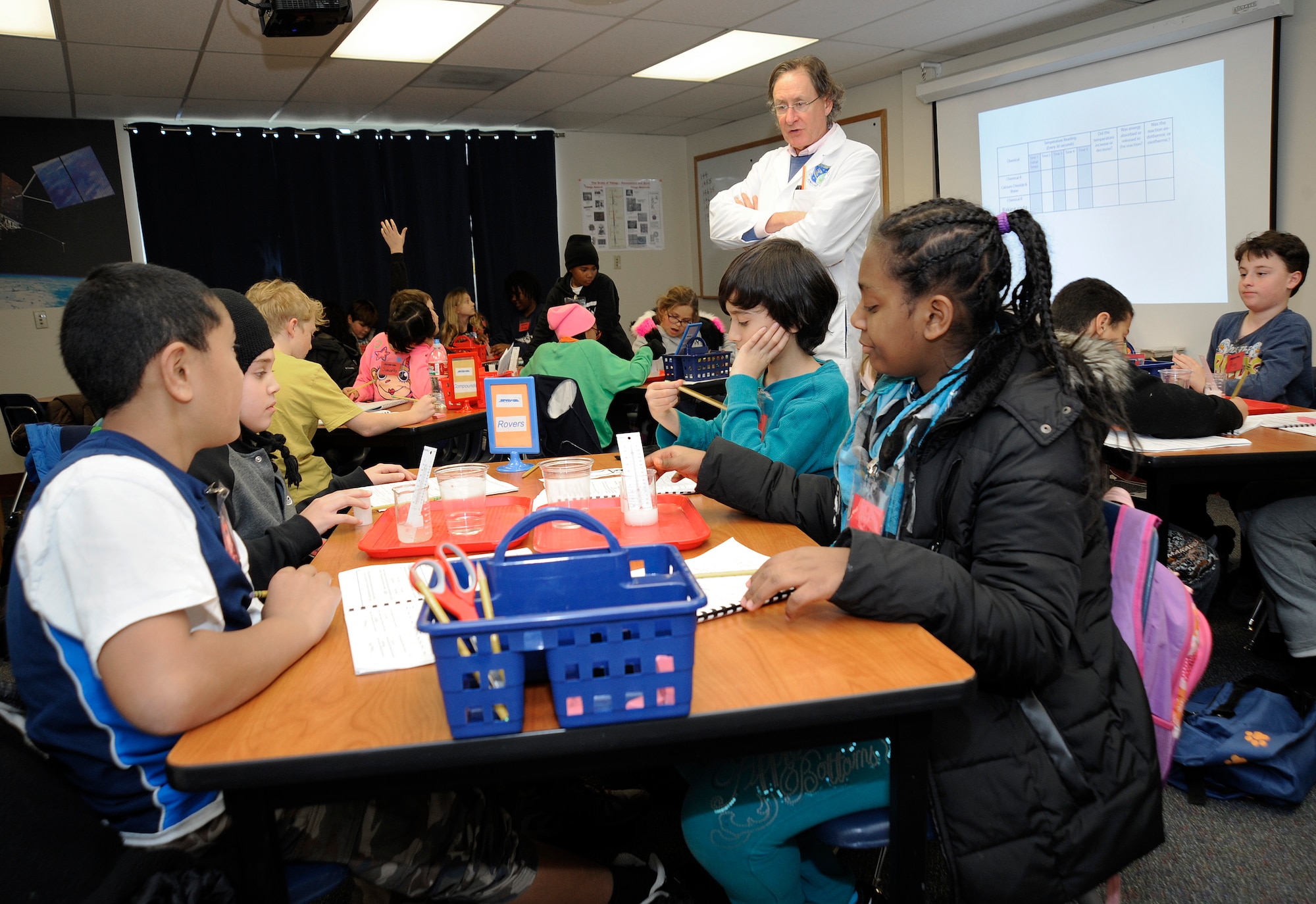 Mr. Scott Bowler, a STARBASE instructor helps students from Chief Joseph-Ockley Green Elementary School in Portland, Ore., conduct an experiment to create hot and cold chemical reactions while attending the STARBASE educational program held at the Portland Air National Guard Base, Ore., Dec. 9, 2013. STARBASE Academies help teach more than 75,000 students nationally each year in math and science education. (Air National Guard photo by Tech. Sgt. John Hughel, 142nd Fighter Wing Public Affairs/Released)