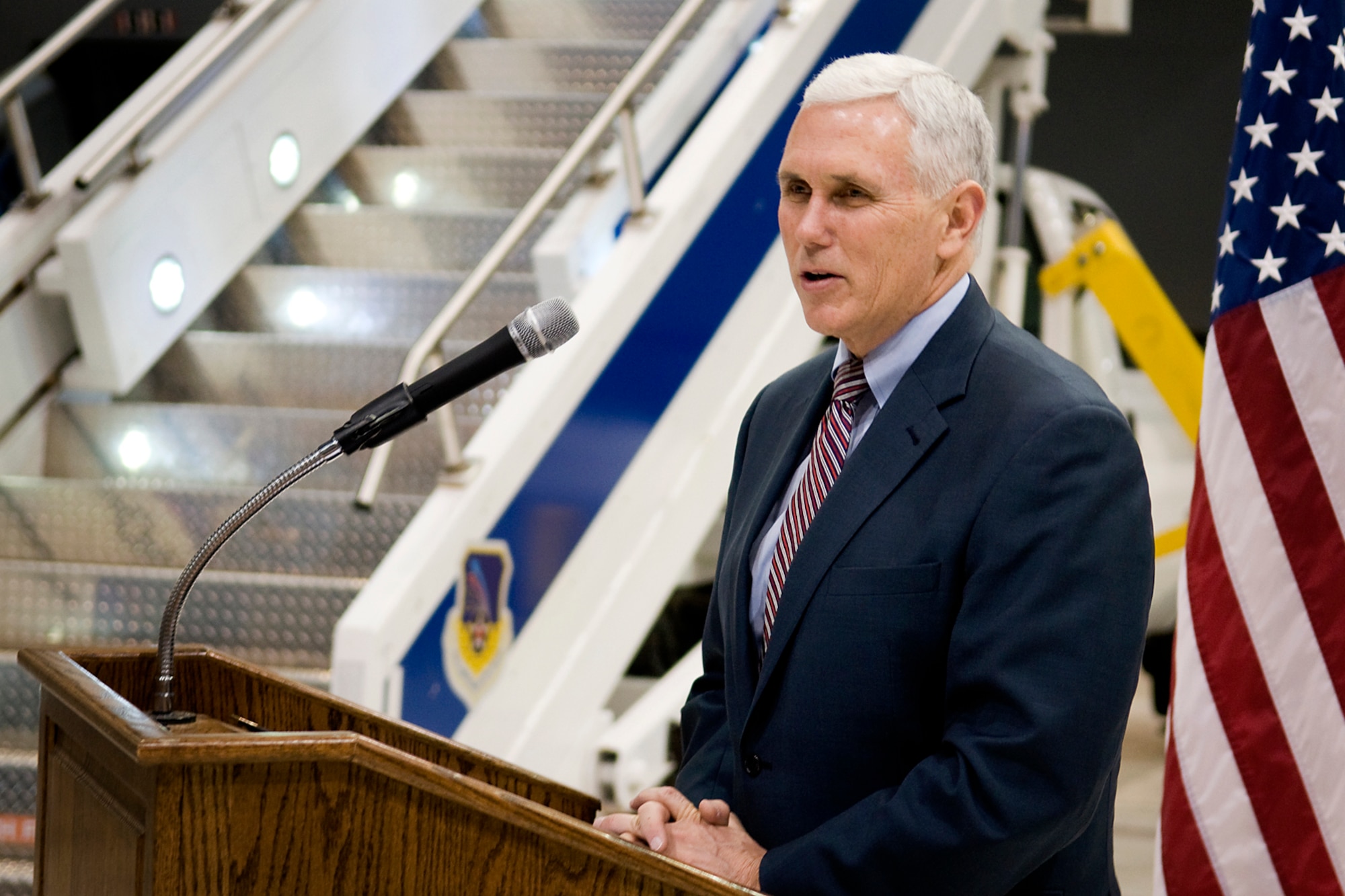 Indiana Gov. Mike Pence thanks 434th Air Refueling Wing reservists and civil servants at Grissom Air Reserve Base, Ind., Dec. 19, 2013. Pence visited the Hoosier base to meet with troops and thank them for their service during the holiday season. (U.S. Air Force photo/Tech. Sgt. Mark R. W. Orders-Woempner)

