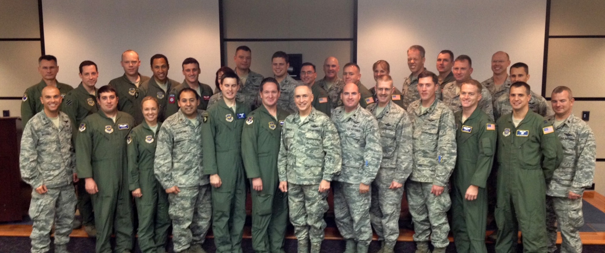 Air mobility liaison officers from the 621st Contingency Response Wing stand for a group portrait at the U.S. Air Force Expeditionary Center Dec. 3, 2013.  The AMLOs we at JBMDL for a training all call. (courtesy Photo) 