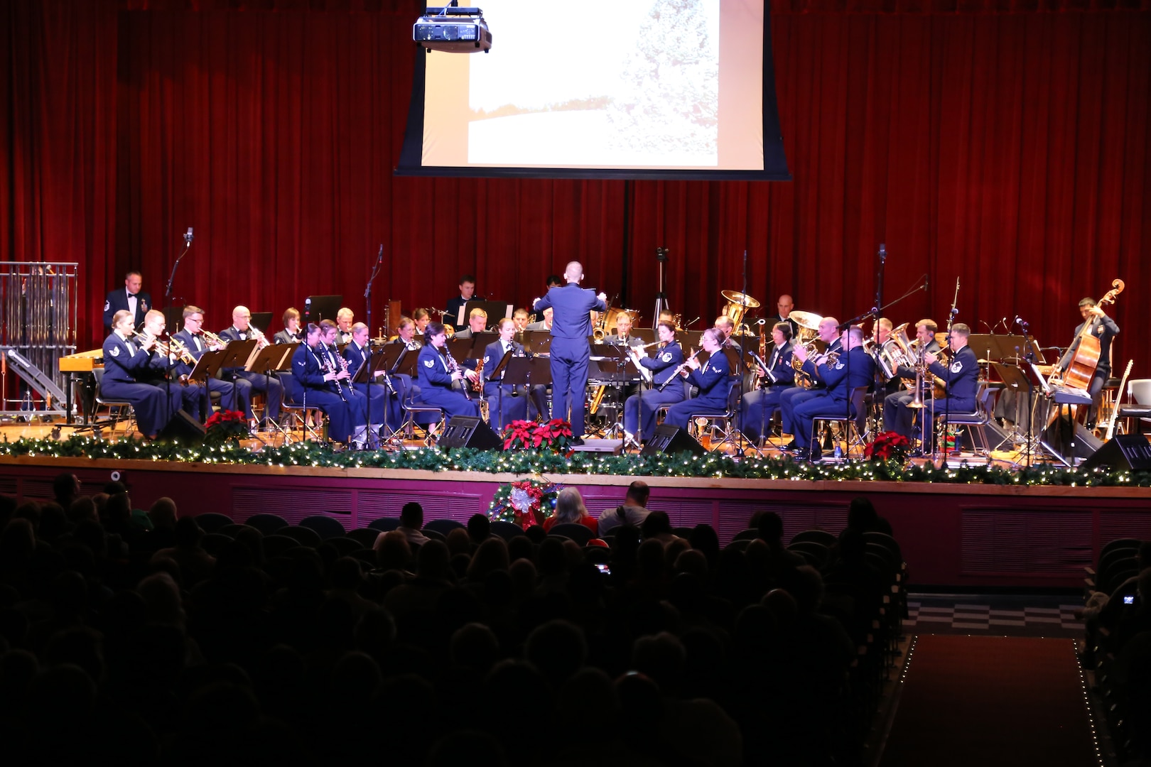 The Air Force Band of the West plays a variety of holiday songs Dec. 17 at the Joint Base San Antonio-Lackland Bob Hope Theater. (U.S. Air Force photo by Airman 1st Class Lincoln Korver)