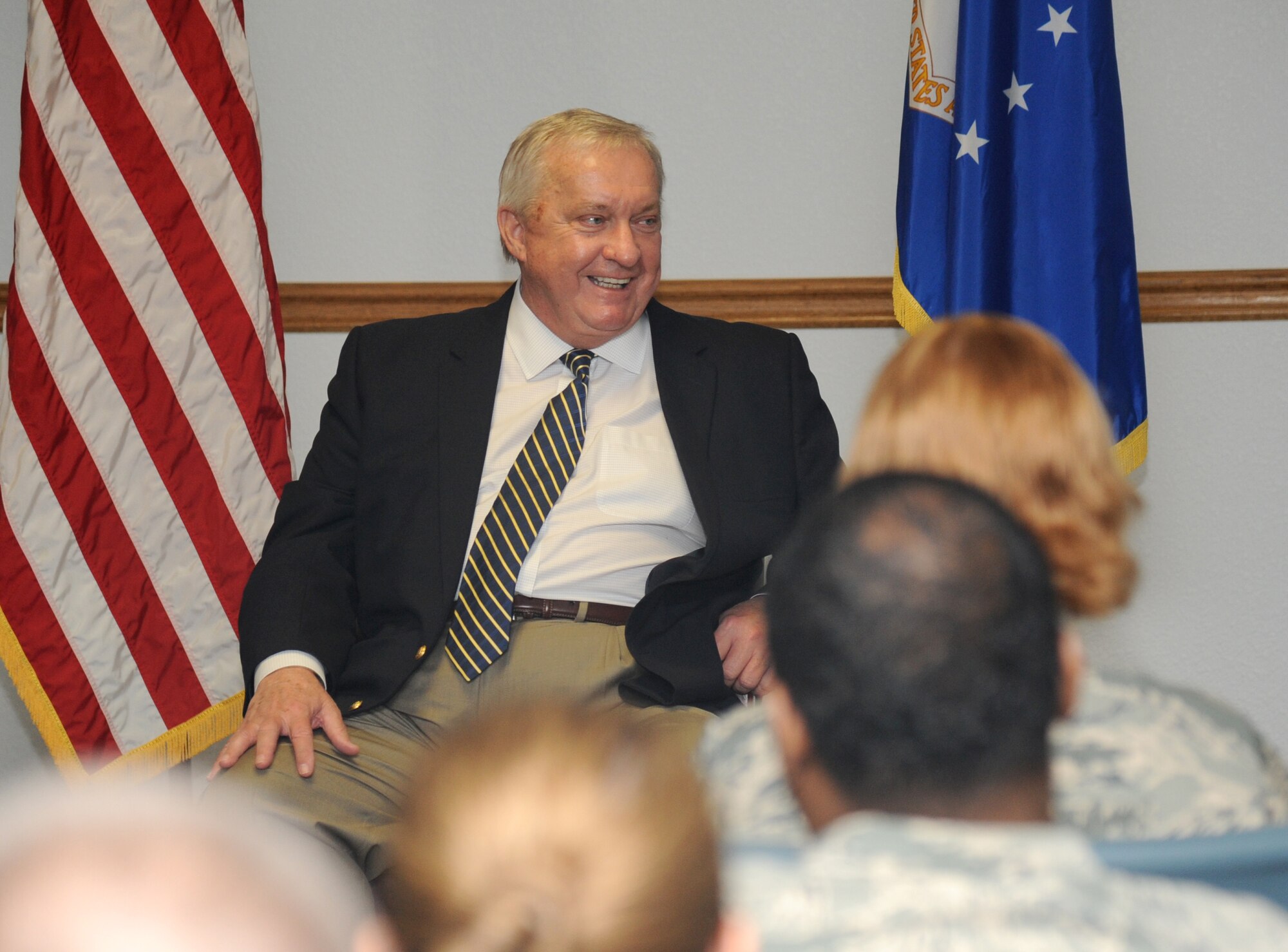 Retired Chief Master Sgt. Jim Binnicker, the ninth Chief Master Sergeant of the Air Force, speaks to members of the Top-III Dec. 19, 2013, at the Sablich Center, Keesler Air Force Base, Miss.  Binnicker’s one-day visit to Keesler also included being the guest speaker at the MNCOA graduation and speaking to other various military groups on base.  (U.S. Air Force photo by Kemberly Groue)