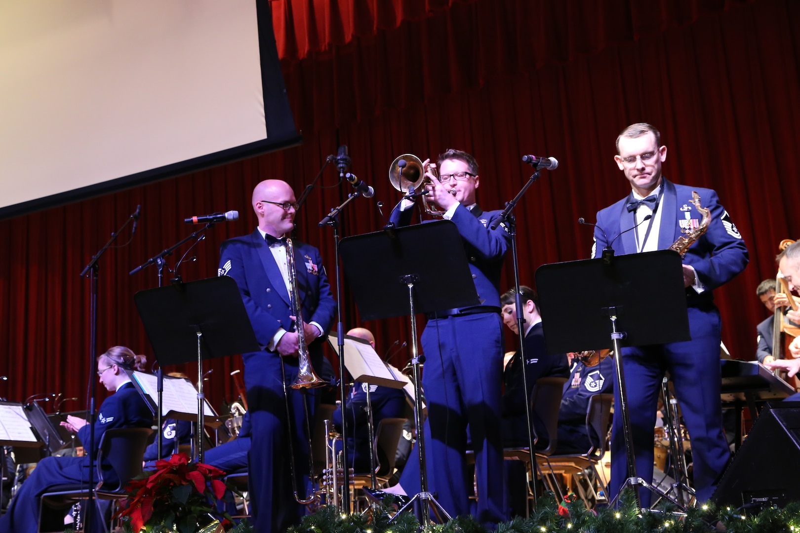 Members of the Air Force Band of the West’s musical ensemble “Warhawk” play a variety of holiday songs Dec. 17 at the Joint Base San Antonio-Lackland Bob Hope Theater. (U.S. Air Force photo by Airman 1st Class Lincoln Korver)
