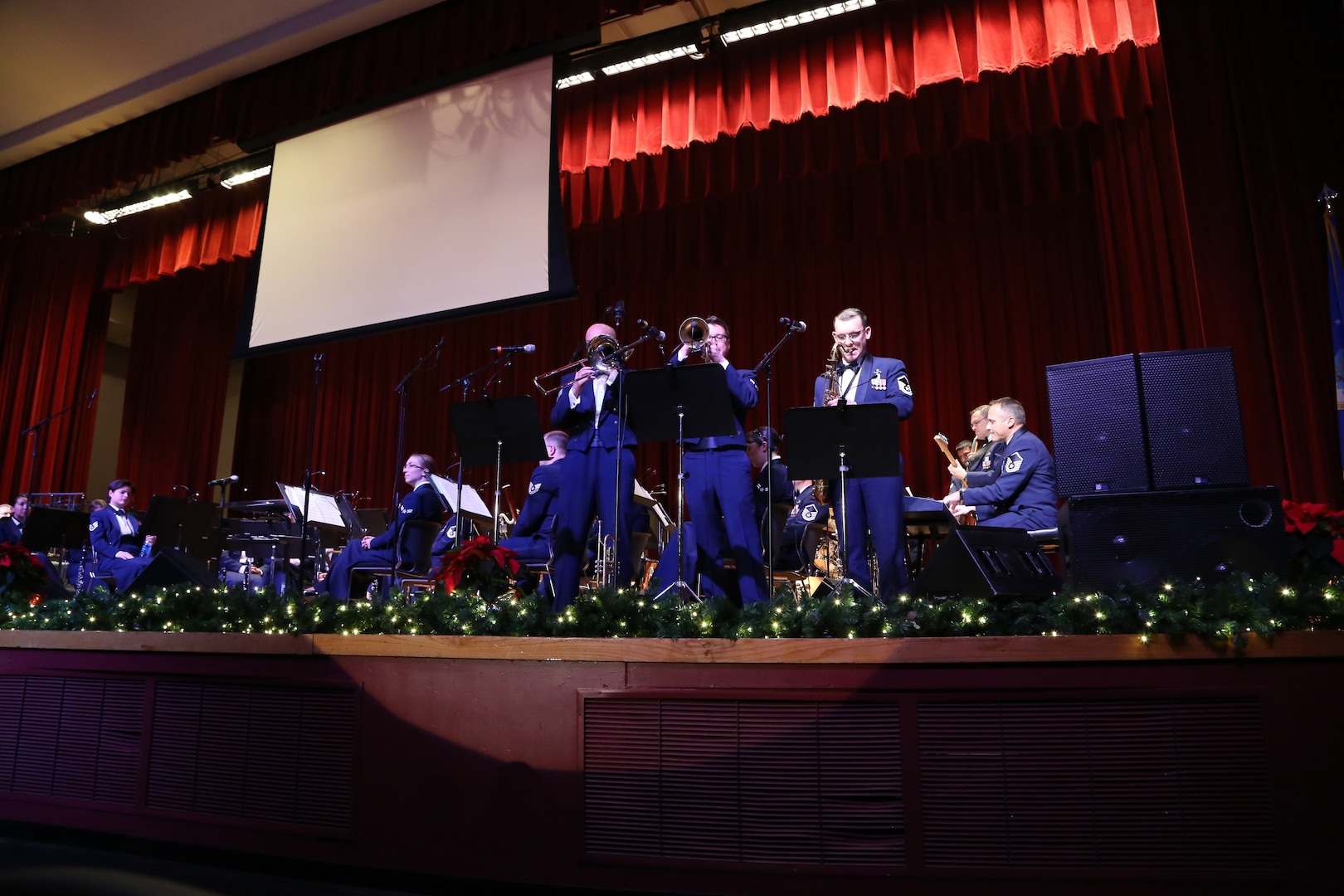 Members of the Air Force Band of the West’s musical ensemble “Warhawk” play a variety of holiday songs Dec. 17 at the Joint Base San Antonio-Lackland Bob Hope Theater. (U.S. Air Force photo by Airman 1st Class Lincoln Korver)