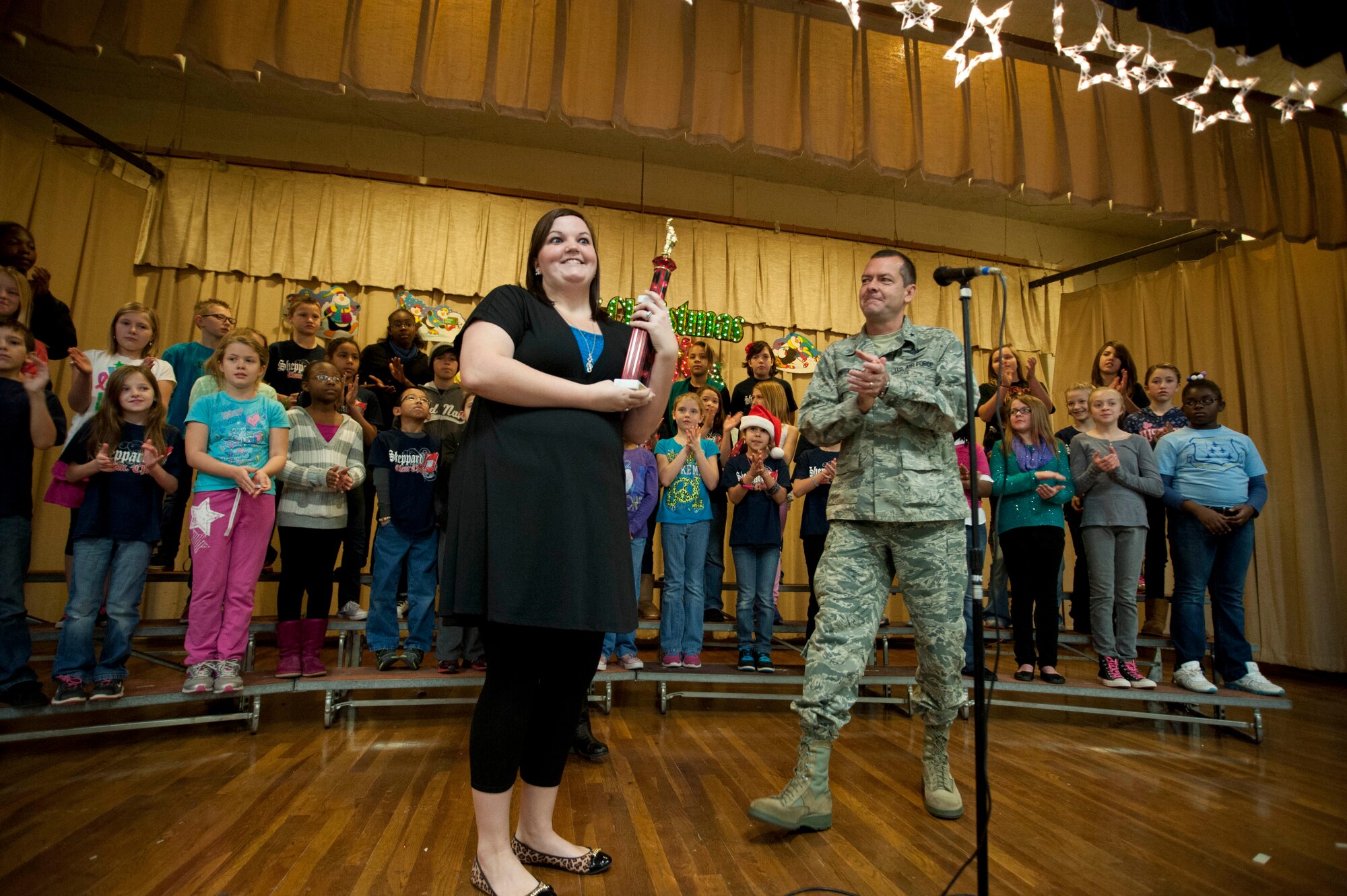 Sheppard Elementary was congratulated on winning a Christmas card competition Dec. 20, while the 82nd Dental Squadron won second place. Each contestant was evaluated on creativity and originality. (U.S. Air Force photo by Airman 1st Class Jelani Gibson)