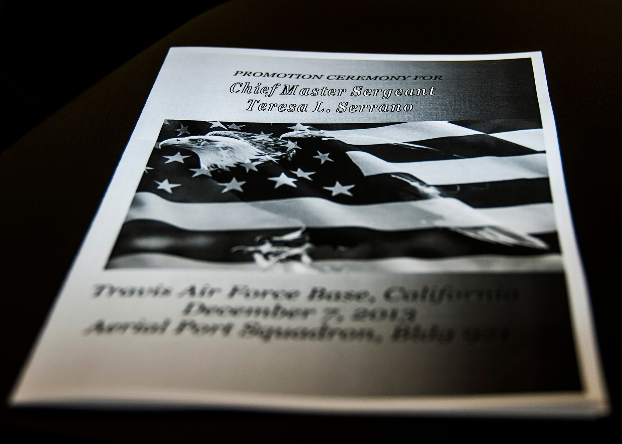 TRAVIS AIR FORCE BASE, Calif. -- Chief Master Sergeant Teresa Serrano, 45th Aerial Port Squadron, pins on the rank of Chief during a pinning-on ceremony held here at Travis Air Force Base, Calif. on Dec. 7, 2013. (U.S. Air Force photo/Staff Sgt. Amelia Leonard)
   