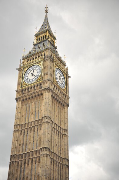 One of the most easily recognized clocks in the world, Big Ben (which is actually the name of the bell inside the clock tower) lords over much of London.  The structure, completed in 1859, stands more than 96 metres tall.  (Courtesy Photo by Airman 1st Class Kyla Gifford/Released)