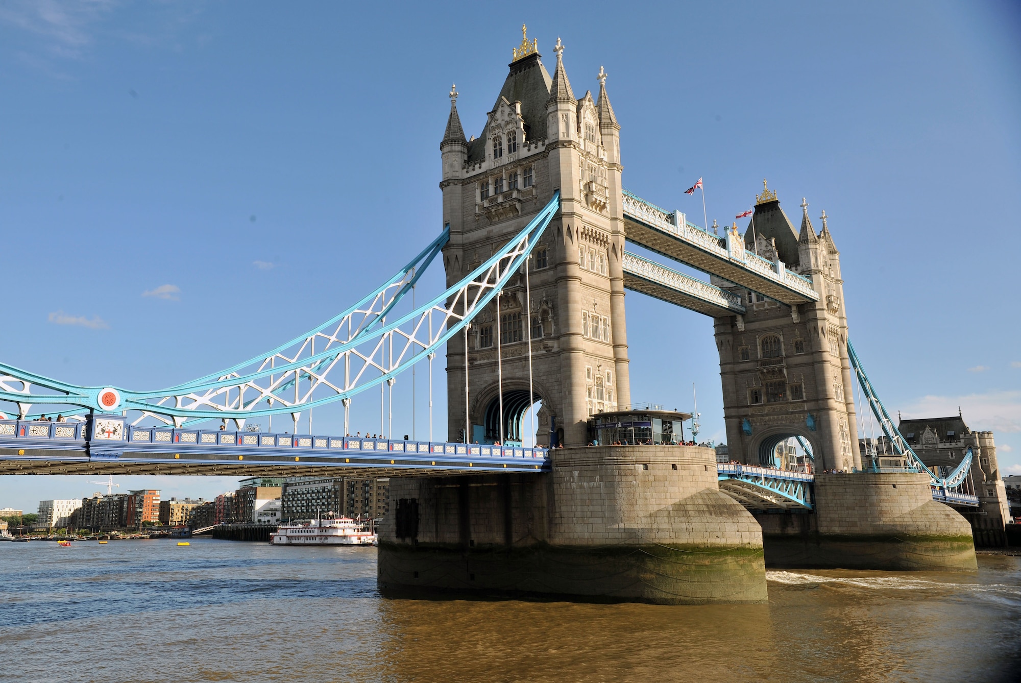 Often mistakenly referred to as "the London Bridge," this iconic structure is located adjacent to the Tower of London, hence its name - the Tower Bridge.  The bridge has a bascule design, meaning one of its sections (in this case, the center) can be raised and lowered, allowing large boats and other water vehicles to travel through.  (Courtesy Photo by Airman 1st Class Kyla Gifford/Released)