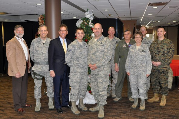YOUNGSTOWN AIR RESERVE STATION, Ohio – Congressman Jim Renacci’s Dec. 19, 2013 visit here started at the Air Force Reserve installation’s Community Activity Center for a facility walkthrough and a group meal featuring the annual YARS Holiday Fireside Luncheon. Following the meal, the group paused a moment for a photo. From left are: David Deibel, YARS Base-Community Council Vice president; Master Sgt. Phillip Brady, 910th Security Forces Squadron patrolmen and 16th district constituent; Congressman Jim Renacci, Ohio 16th district representative; Airman 1st Class Brian Whitlock, 910th Logistics Readiness Squadron traffic management specialist and 16th district constituent;  Col. James Dignan, 910th Airlift Wing commander; Col. David Post, 910th Maintenance Group commander; Col. Bill Phillips, 910th Operations Group commander; Col Teresa Hams, 910th Mission Support Group commander; Col. Rodney Waite, 910th Medical Squadron commander and Chief Warrant Officer 4 Mike Hudson, Inspector/Instructor, Detachment 3, Maintenance Co., Combat Logistics Battalion 453, U.S. Marine Corps Reserve. The congressman visited YARS to learn more about the wing’s capabilities and the installation’s features firsthand as well as meet some of the Citizen Airmen assigned here. U.S. Air Force photos by Master Sgt. Bob Barko Jr.