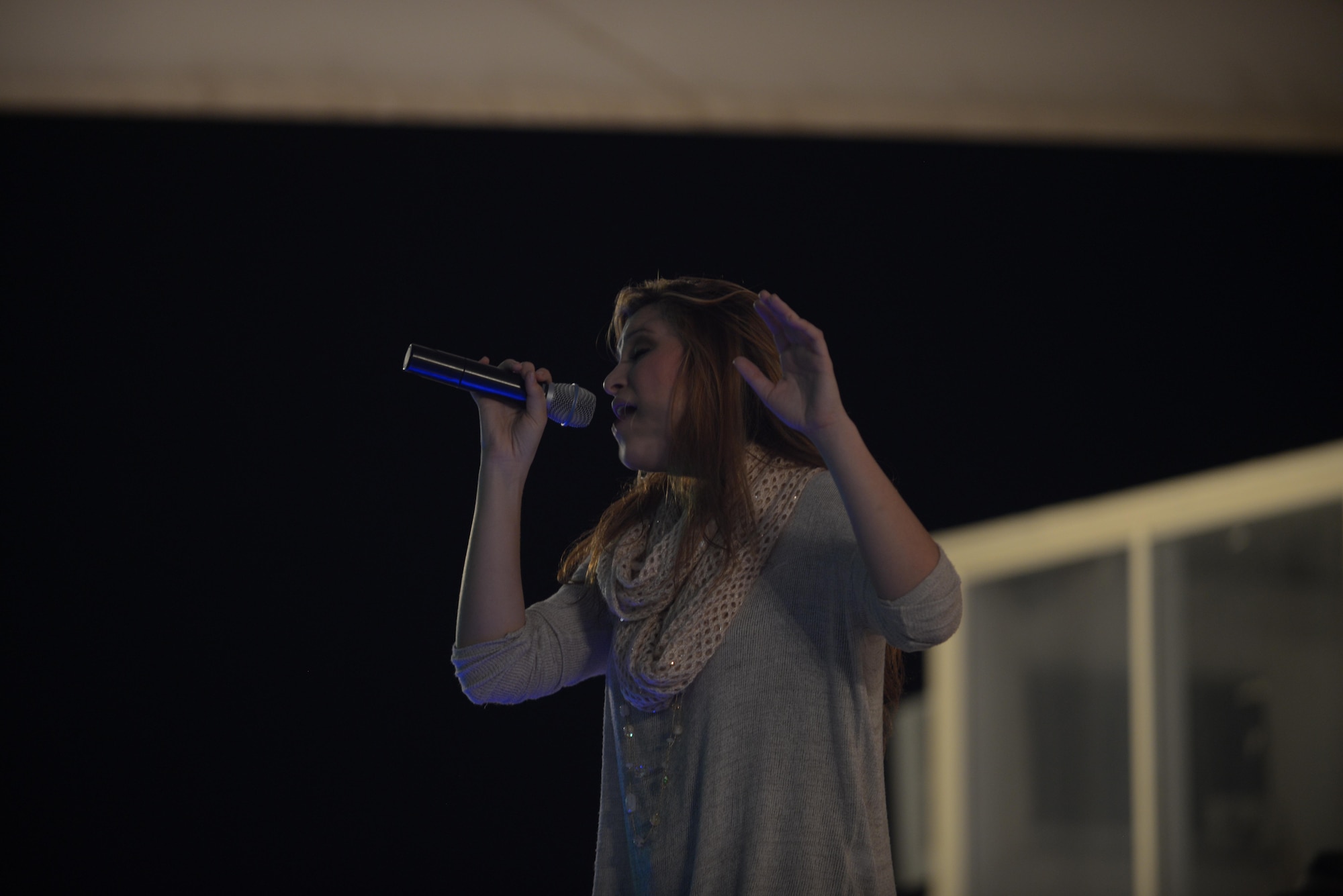 Alaina Blair, a country music artist, performs for service members at the 379th Air Expeditionary Wing in Southwest Asia, Dec. 19, 2013.  Blair, along with her band, performed 11 concerts in five countries across the U.S. Air Forces Central Command area of responsibility over an 18 day period. Completing the Armed Forces Entertainment tour here, Blair sang a mix of her own music, cover songs and Christmas carols to the audience, providing an interactive performance while spreading holiday cheer. (U.S. Air Force photo by Master Sgt. David Miller)