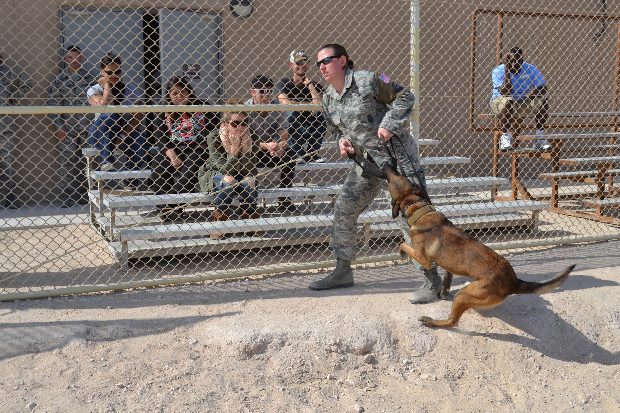 Staff Sgt. Ashleymarie Umstead and her dog Sato from the 379th Expeditionary Security Forces Squadron, provides a military working dog demonstration for Alaina Blair and her band at the 379th Air Expeditionary Wing in Southwest Asia, Dec. 19, 2013.  Blair is a country music artist who performed for service members here, completing her tour that included 11 concerts in five countries across the U.S. Air Forces Central Command area of responsibility over an 18 day period.  Blair sang a mix of her own music, cover songs and Christmas carols to the audience, providing an interactive performance while spreading holiday cheer.  Staff Sergeant Umstead is deployed from the Air force Academy and is a native of North Rose, N.Y. (U.S. Air Force photo/Maj. Nicole David)