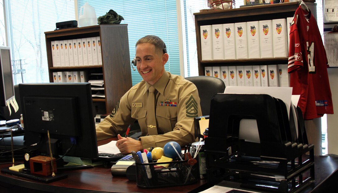 U.S. Marine Corps Gunnery Sgt. Jerry Laurenti, Recruiting Station Richmond operations chief, spends much of his day on the phone, working with the staff noncommissioned officers in charge of RS Richmond’s ten recruiting sub-stations as well as the two officer selection teams and the Military Entrance Processing Station liaisons, guiding the recruiting operations and shipping of more than 700 young men and women to Marine Corps basic training every year. For his hard work and dedication to his demanding position, the Mission, Texas native was selected as the 4th Marine Corps District’s Operations Chief of the Year. (U.S. Marine Corps photo by Cpl. Aaron Diamant/Released)