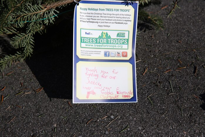 Volunteers carry Christmas trees to be given to Marines and Sailors aboard Marine Corps Air Station New River at the Youth Sports Complex as part of the Trees for Troops program, Dec. 12. Since 2005, Trees for Troops has given more than 100,000 live Christmas trees to service members and their families.
