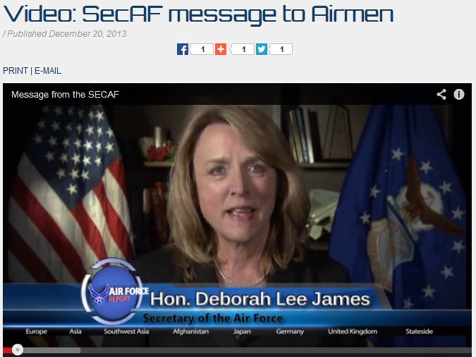 The 23rd Secretary of the Air Force, Deborah Lee James, gives her first remarks as secretary of the Air Force about what Airmen and their families can expect from her in the future. (U.S. Air Force image)