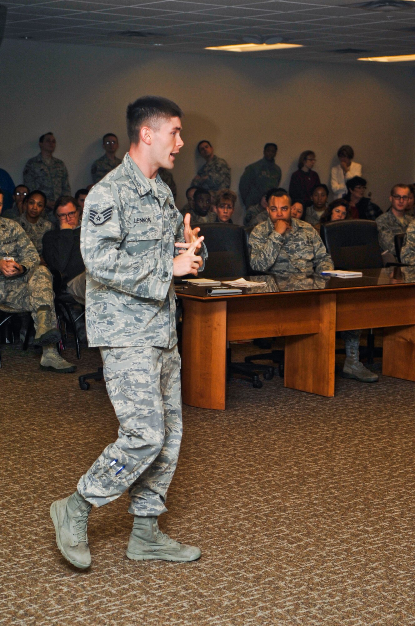 Staff Sgt. Daniel Lennon, 56th Security Forces Squadron unit scheduler, speaks to 56th Medical Group members about active-shooter scenarios Dec. 9 during active-shooter awareness training. (U.S. Air Force photo/Senior Airman David Owsianka)