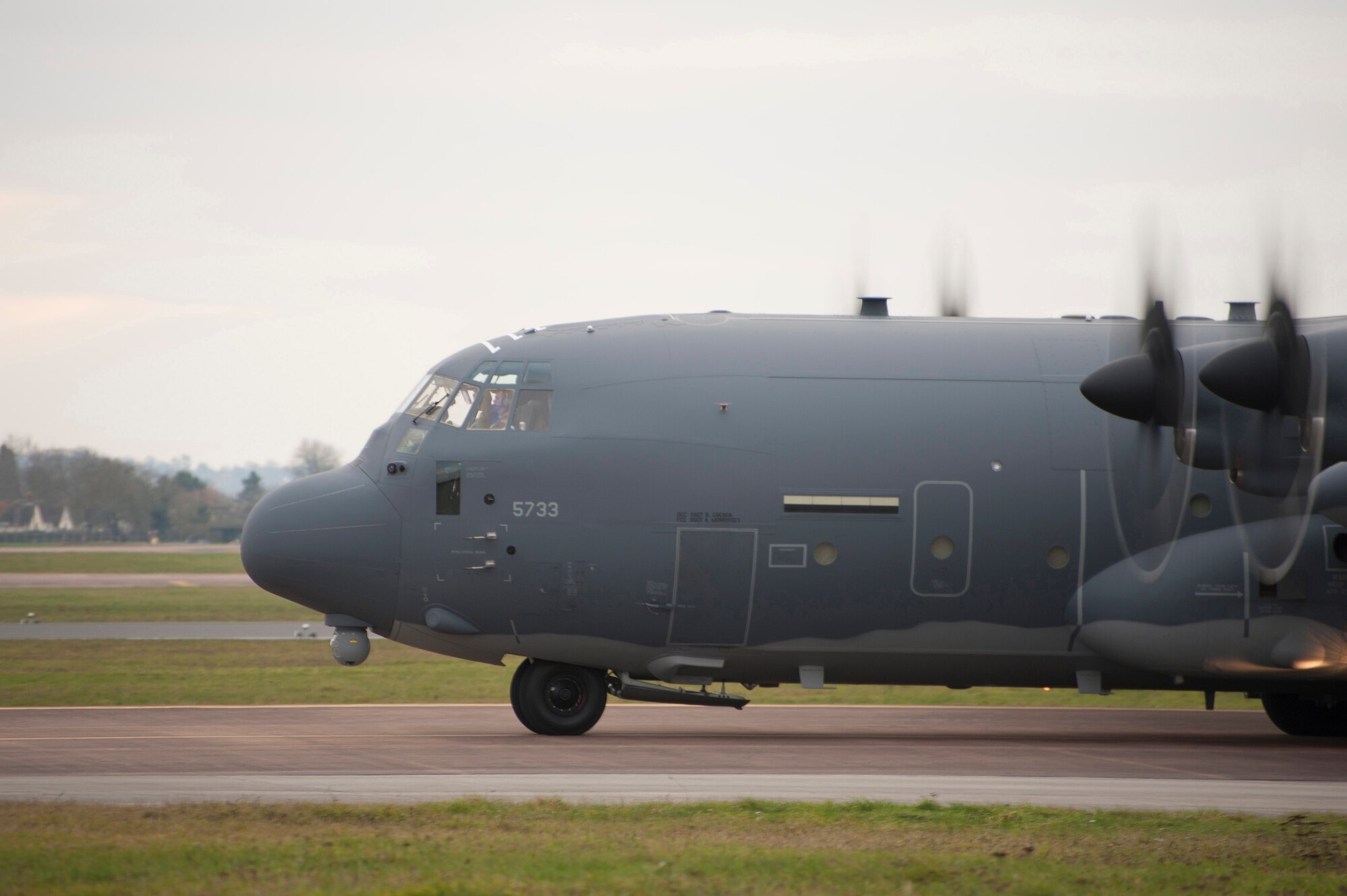 An MC-130J Commando II from the 67th Special Operations Squadron taxies during an exercise at RAF Fairford, England, Dec. 10, 2013. The exercise was designed to allow the 352nd Special Operations Group to practice and evaluate their ability to efficiently forward deploy the 352nd SOG’s newest assets, the CV-22 Osprey and MC-130J. (U.S. Air Force photo by Staff Sgt. Stephen Linch/Released)