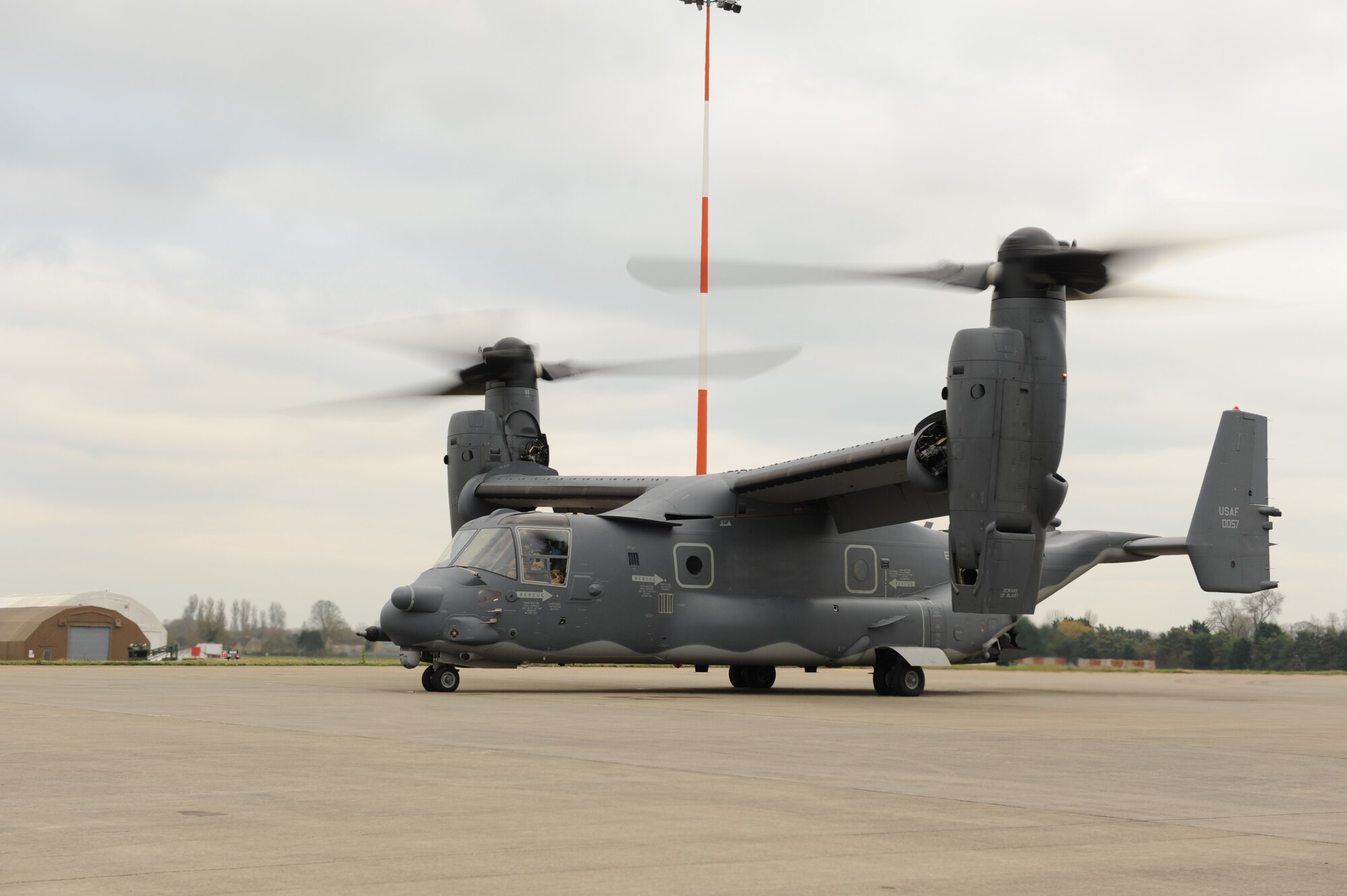 A CV-22 Osprey from the 7th Special Operations Squadron prepares to taxi during an exercise at RAF Fairford, England, Dec. 10, 2013. The 352nd Special Operations Group conducted the exercise involving approximately 130 Airmen and six aircraft at RAF Fairford from Dec. 9-12. The CV-22 can perform missions that normally would require both fixed-wing and rotary-wing aircraft. (U.S. Air Force photo by Staff Sgt. Stephen Linch/Released)
