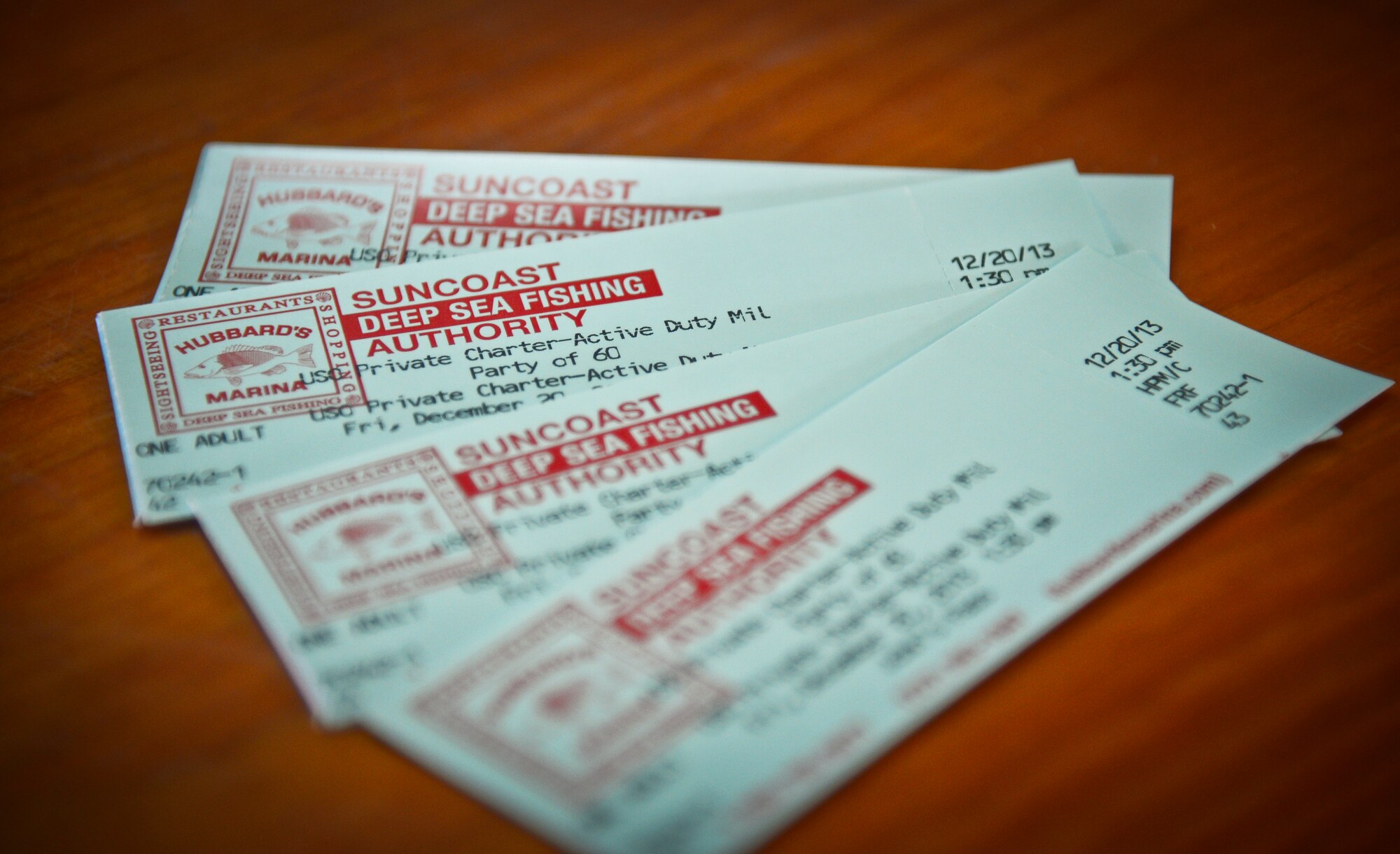 Displayed are tickets for MacDill’s ‘Hooked for the Holidays’ fishing event, Dec. 20, 2013. (U.S. Air Force photo by Staff Sgt. Brandon Shapiro)