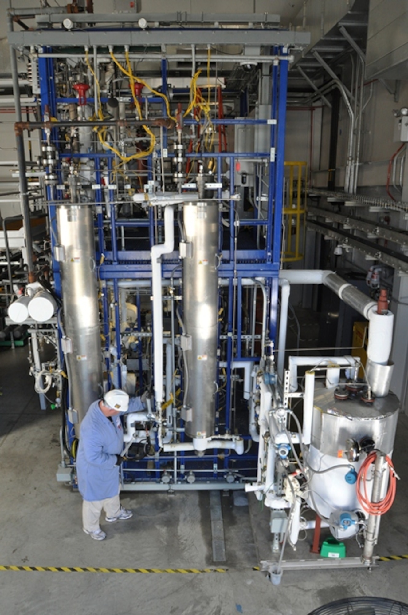 The Assured Aerospace Fuels Research Facility, located at Wright-Patterson Air Force Base, Ohio, was used to produce 2,500 gallons of specialized jet and diesel fuels from renewable fuel sources.  The research on these fuels could lead to potential replacements for petroleum-based fuels for military and commercial applications. (Air Force photo)