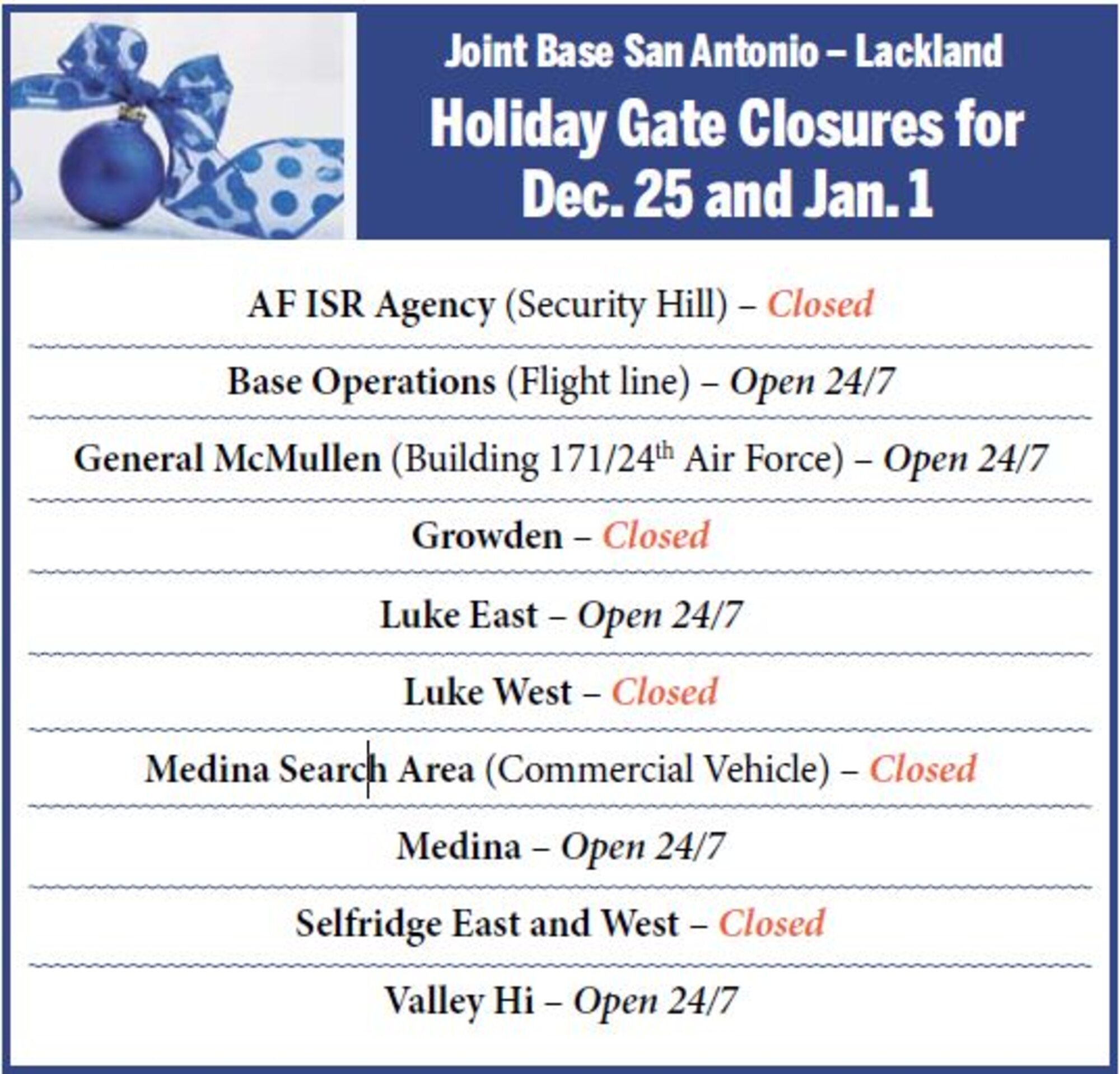 Gate hours for the holidays will differ. The chart above shows what gates will be open at what times during the season.