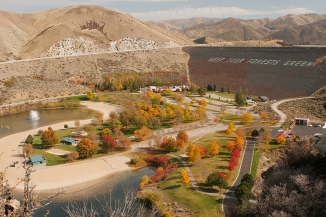 A fall scene looking upon Lucky Peak Dam and Lucky Peak State Park’s Sandy Point Unit.