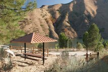 Campsite #2 or 15 at Macks Creek Park on Lucky Peak Lake.  Macks Creek Park offers primitive dry camping on the shoreline of Lucky Peak Lake.  Sites are reservable through recreation.gov .