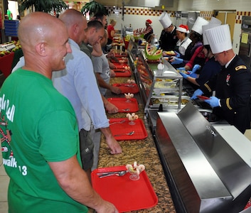 Members of Joint Task Force-Bravo were treated to a Christmas Day meal with all the trimmings at the dining facility at Soto Cano Air Base, Honduras, Dec. 25, 2013.  Leadership from across Joint Task Force-Bravo, to include the Army Support Activity, Army Forces Battalion, Joint Security Forces, 612th Air Base Squadron, 1-228th Aviation Regiment, and Medical Element wore their dress uniforms and served the members of the Task Force. (U.S. Air Force photo by Capt. Zach Anderson)
 
 