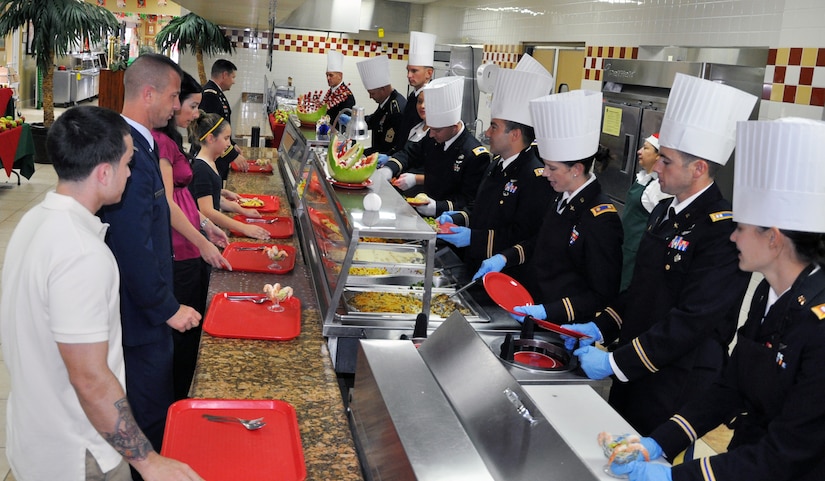 Members of Joint Task Force-Bravo were treated to a Christmas Day meal with all the trimmings at the dining facility at Soto Cano Air Base, Honduras, Dec. 25, 2013.  Leadership from across Joint Task Force-Bravo, to include the Army Support Activity, Army Forces Battalion, Joint Security Forces, 612th Air Base Squadron, 1-228th Aviation Regiment, and Medical Element wore their dress uniforms and served the members of the Task Force. (U.S. Air Force photo by Capt. Zach Anderson)
 
 