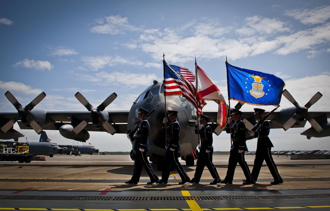 The Eglin Air Force Base Honor Guard brings in the colors in the shadow of an MC-130E Combat Talon I during its retirement ceremony April 25, 2013, at Duke Field, Fla. Aircrew, maintainers and many others turned out to remember and bid farewell to the Talon I on its official retirement from the Air Force. The last five Talons, located at Duke Field, will be delivered to the “boneyard” at Davis-Monthan Air Force Base, Ariz., by mid-May 2013. (U.S. Air Force photo/Tech. Sgt. Samuel King Jr.)