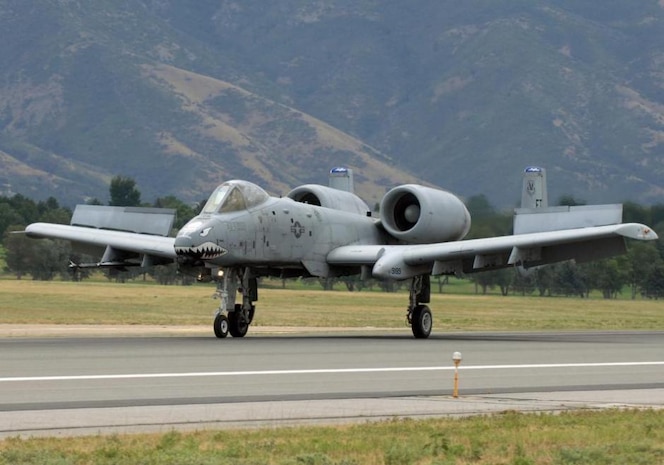 An A-10 Thunderbolt II is shown in this file photo taken as it prepares to stop after landing at Hill Air Force Base on Aug. 6, 2008. After a recent bird strike damaged an Idaho National Guard A-10, Hill engineers worked closely with aircraft mechanics and metals techniciaions at the Guard's 124th Maintenance Squadron to quickly fix and return the aircraft to operational status. (U.S. Air Force photo by Alex R. Lloyd)