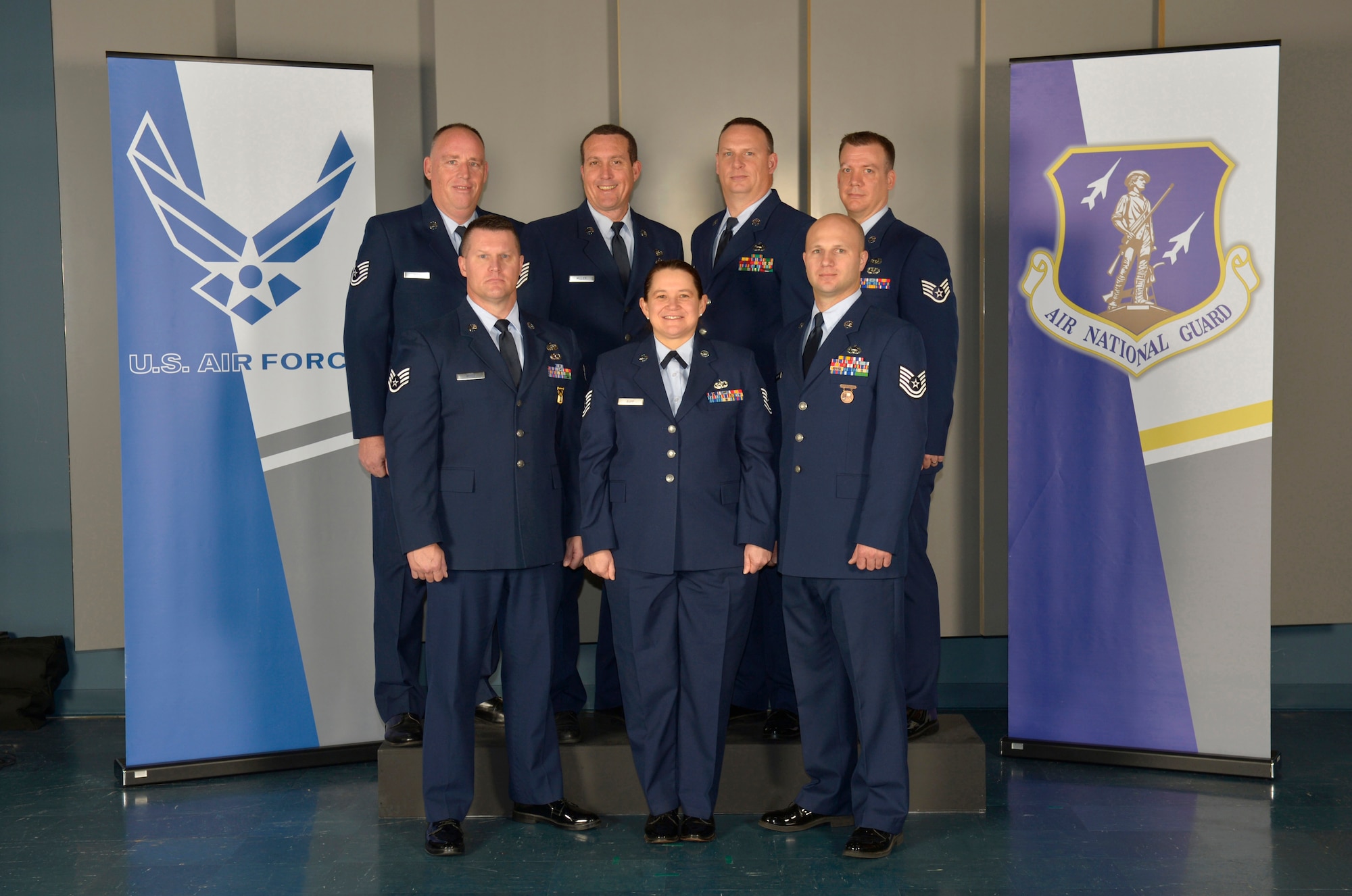 McGHEE TYSON AIR NATIONAL GUARD BASE, Tenn. - Students attending the Satellite Noncommissioned Officer Academy Class 13-9, from the 184th Intelligence Wing, McConnell Air Force Base, Kan., gather at the I.G. Brown Air National Guard Training and Education Center here, Dec. 10, 2013. (U.S. Air National Guard photo by Master Sgt. Kurt Skoglund/Released)