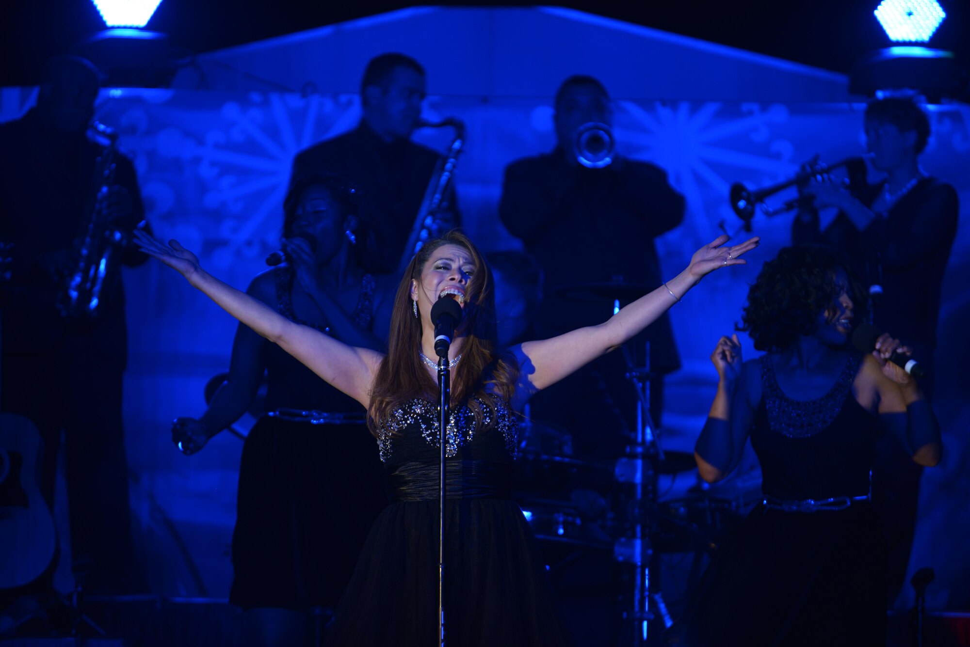 Angie Johnson, Air Force Entertainment Group vocalist, performs for deployed service members at the 379th Air Expeditionary Wing, Southwest Asia, Dec. 26, 2013. The AFEG is comprised of 29 former Tops in Blue members who are prior service, active duty, guard and reserve Airmen who volunteered their time during the holidays to boost morale to deployed personnel. The tour concluded here after 15 performances in 10 locations worldwide. (U.S. Air Force photo by Master Sgt. David Miller)