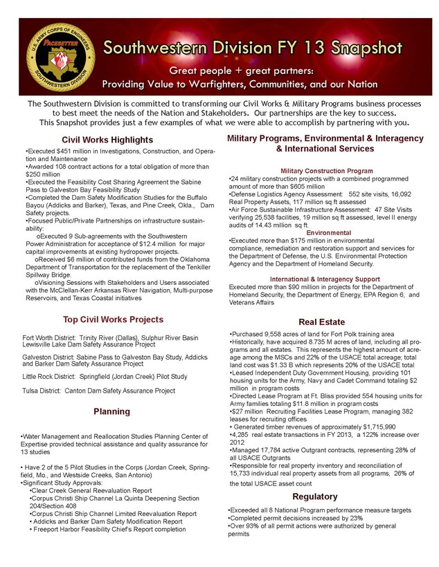 An at-a-glance look at how the Southwestern Division carried out its mission in 2013. (page 1)