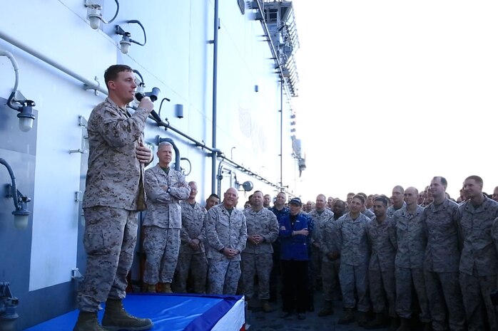 Medal of Honor recipient Dakota Meyer speaks to Marines assigned to 13th Marine Expeditionary Unit and Sailors aboard the amphibious assault ship USS Boxer. The 13th MEU is deployed with the Boxer Amphibious Ready Group as a theater reserve and crisis response force throughout the U.S. 5th Fleet area of responsibility. 