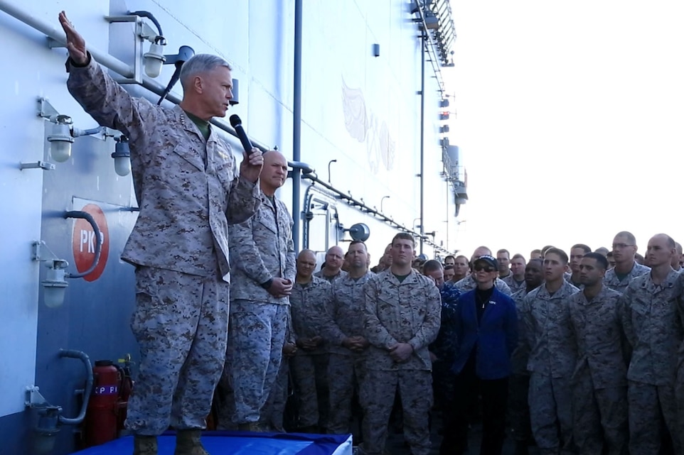 ARABIAN GULF (Dec. 27, 2013) U.S. Marine Corps Gen. James F. Amos, the commandant of the Marine Corps, speaks to Marines assigned to 13th Marine Expeditionary Unit (MEU) and Sailors aboard the amphibious assault ship USS Boxer (LHD 4). The 13th MEU is deployed with the Boxer Amphibious Ready Group as a theater reserve and crisis response force throughout the U.S. 5th Fleet area of responsibility. (U.S. Marine Corps photo by Sgt. Jennifer Pirante/RELEASED)